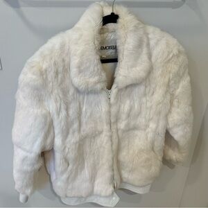 Women’s fur Coat: Vintage off white authentic rabbit fur with leather trim